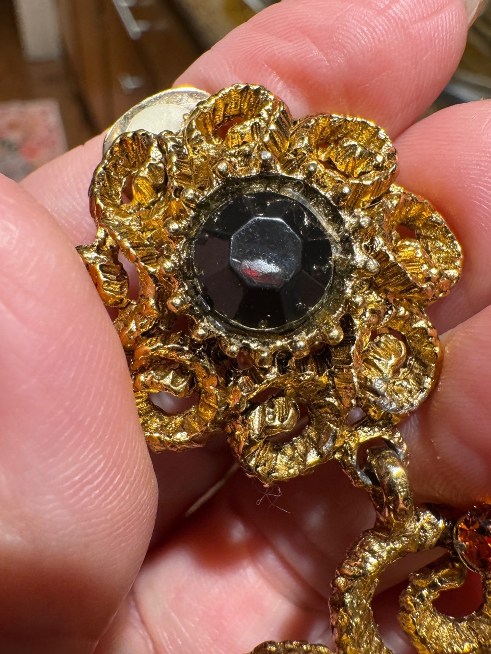 Vintage RARE Graziano Gold-Tone Drop Hoop Earrings with Amber and Black Crystals - Picture 10 of 11